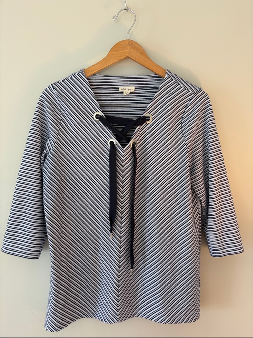 Tribal Striped Lace-Up Knit Top in Navy & White